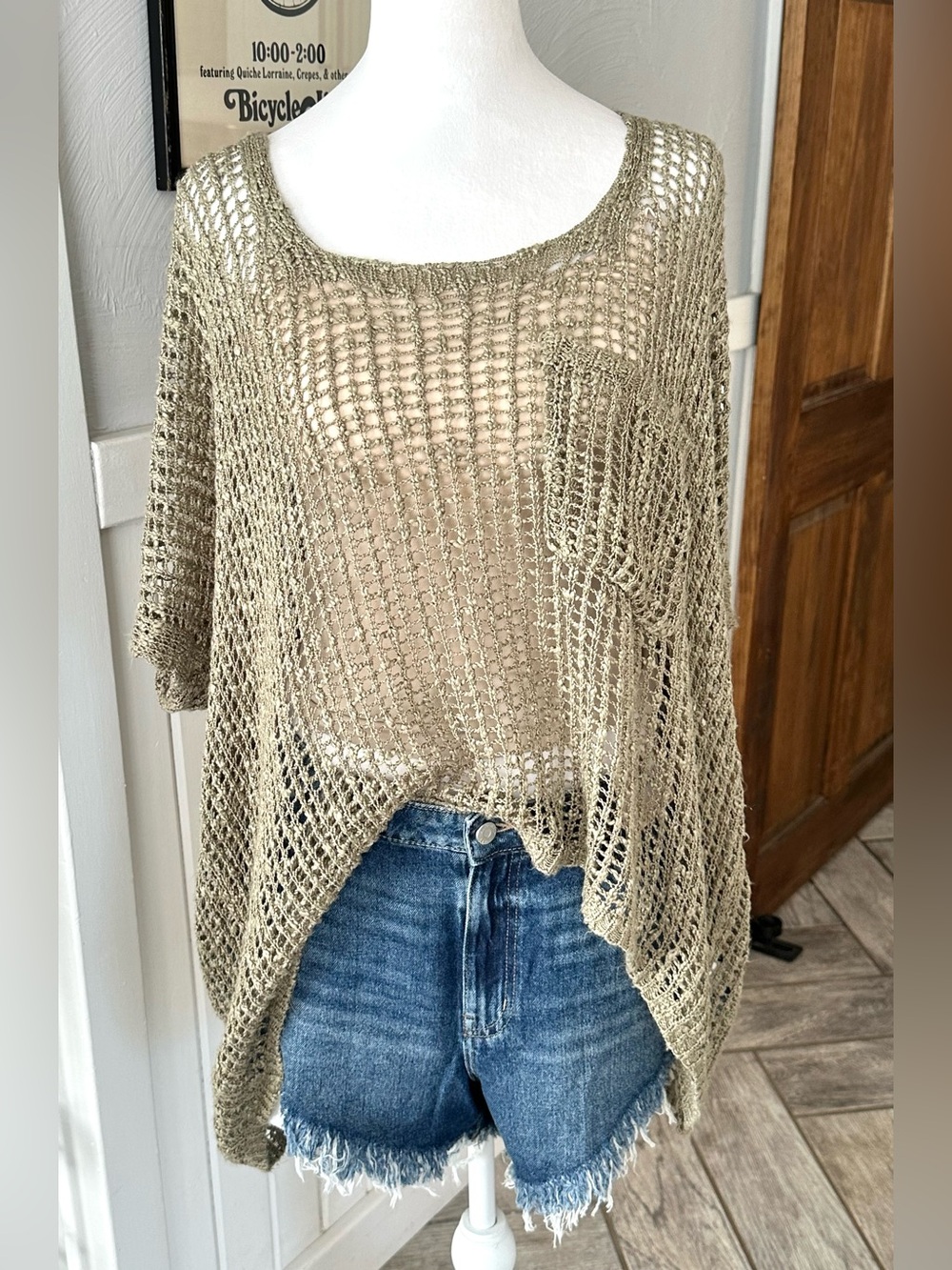 POL Open Weave Knit Top Crochet Tunic Cover Up Boho Oversized Taupe Size L